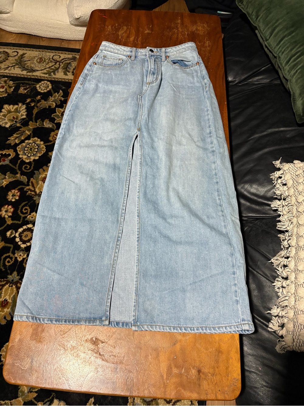Light Wash Denim Maxi Skirt with Front Slit